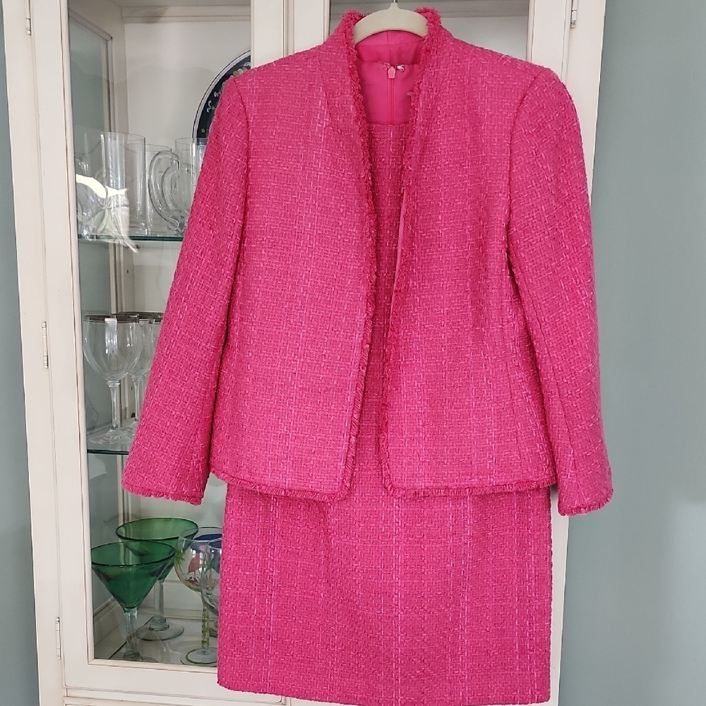 4P Ann Taylor Petite Hot Pink Tweed  Dress And Jacket